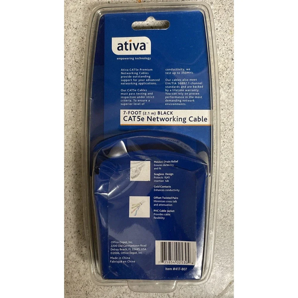 Ativa 7-foot Black CAT5e Networking Cable RJ45 Male 417-807 UPC:735854025304